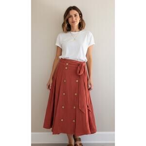 LISA MARIE FERNANDEZ Diana Linen-Blend Gauze Wrap Midi Skirt Coral Sz 1 US 2 XS